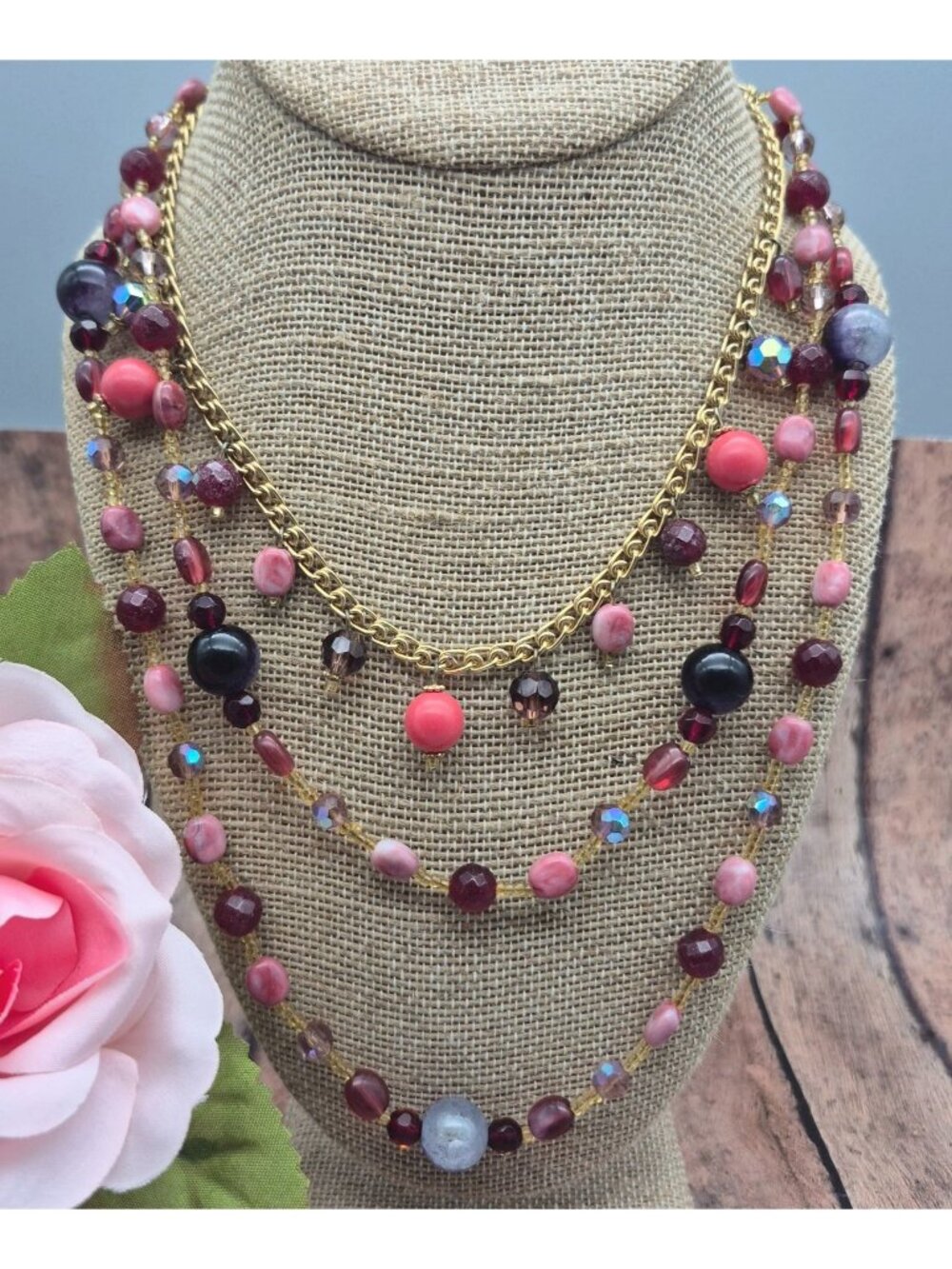 Pretty Gold Tone Multi Strand Beaded Shades of Pink Boho Necklace 19" Layered